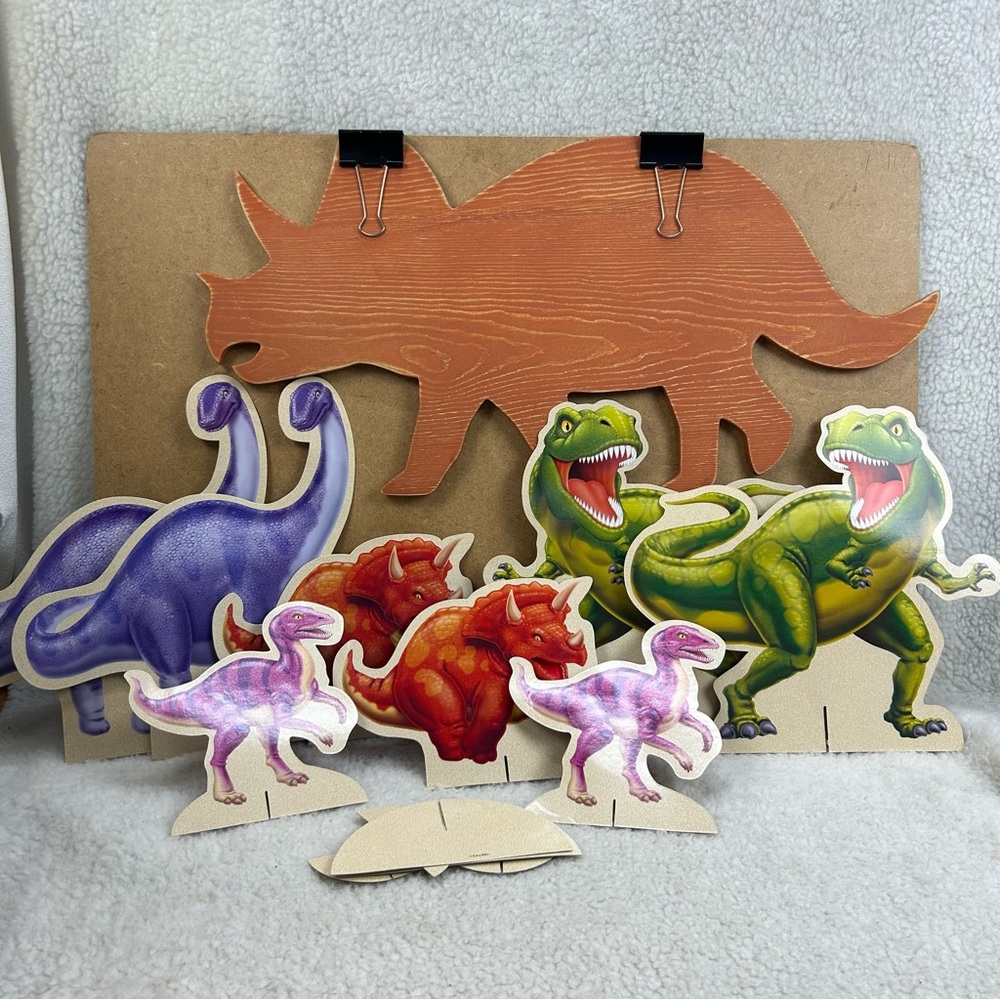 Dinosaur Party room decor centerpieces & wooden Triceratops 9 pieces total Large